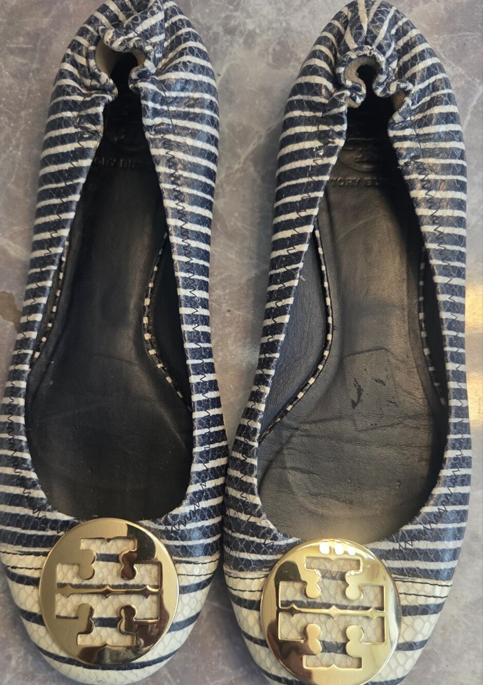 Tory Burch Navy and White Striped Reva Flats with Gold Logo